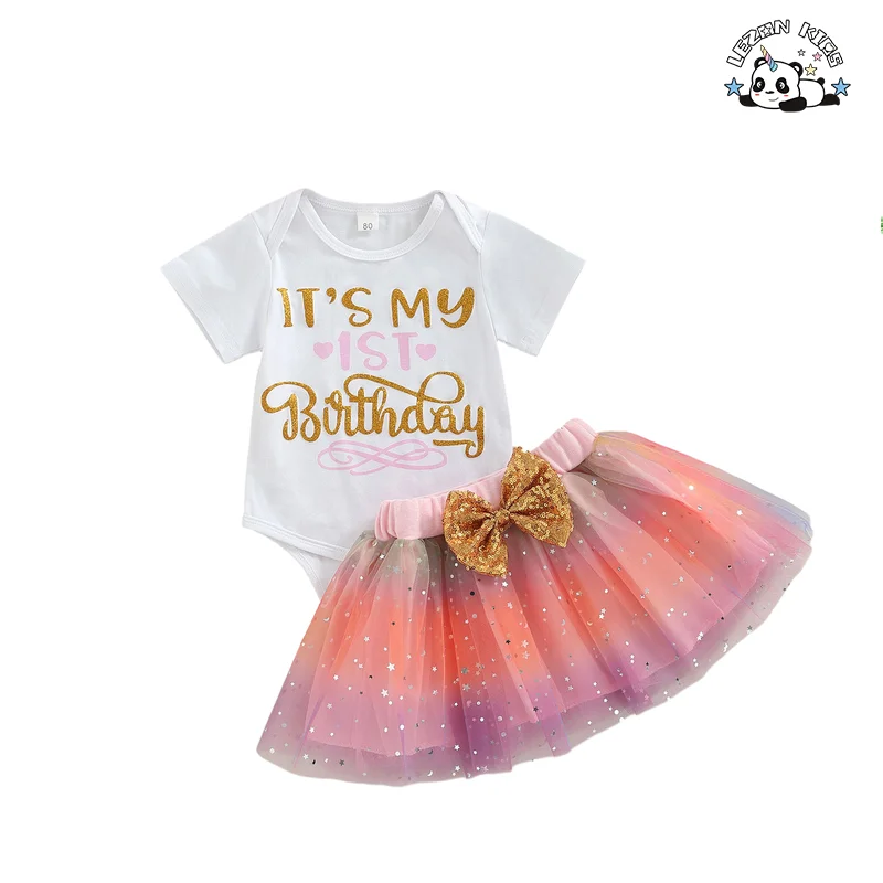 LEZONKIDS - Factory Hot Sale Two-piece Set Birthday Letter Print T-shirt Sequined Mesh Princess Tutu Skirt